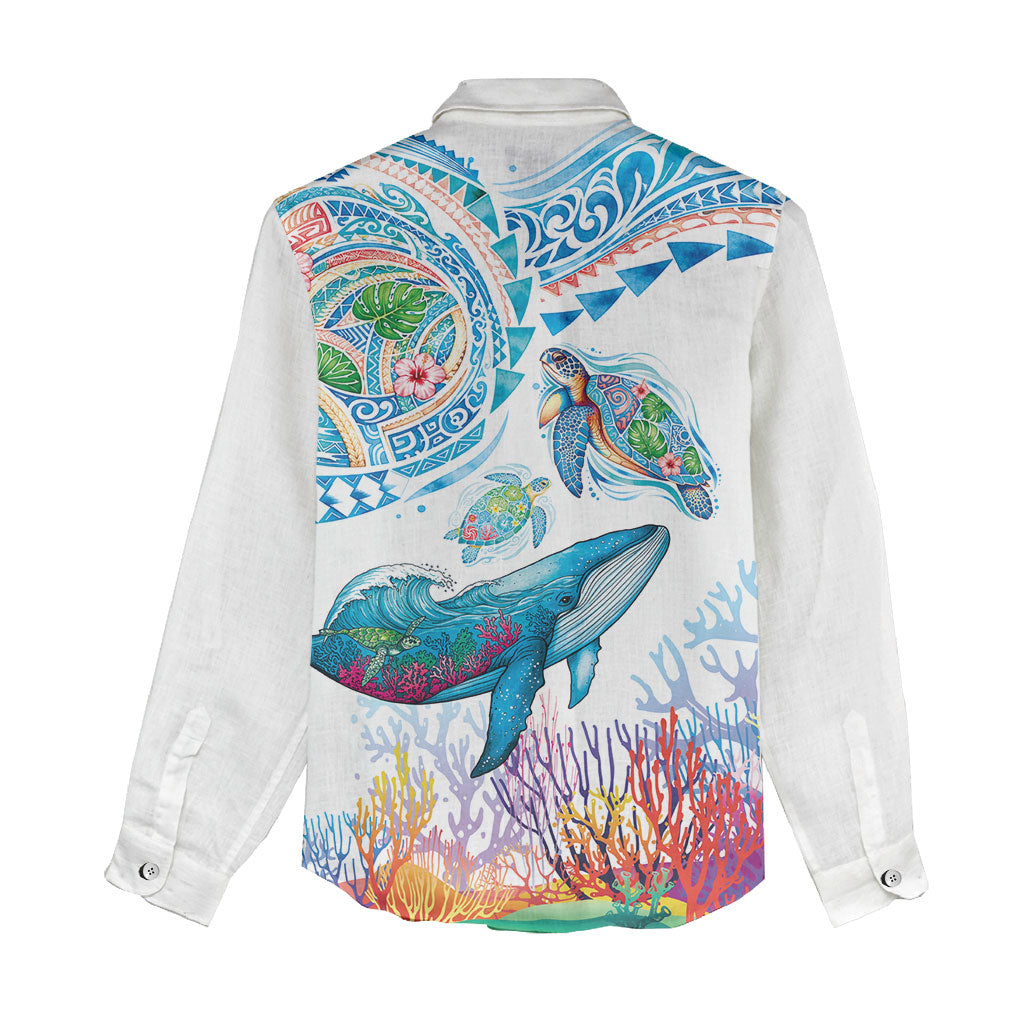 Hawaiian Turtles and Whales Women Casual Shirt Polynesian Tropical Tattoo Ocean Style LT03 - Polynesian Pride