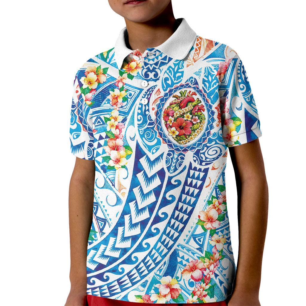 Hawaiian Turtle and Lei Kid Polo Shirt Tribal Kakau and Tropical Plants Human Heart LT03 Kid Multicolor - Polynesian Pride