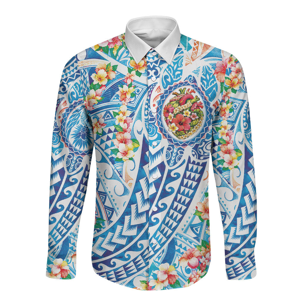 Hawaiian Turtle and Lei Long Sleeve Button Shirt Tribal Kakau and Tropical Plants Human Heart LT03 Unisex Multicolor - Polynesian Pride