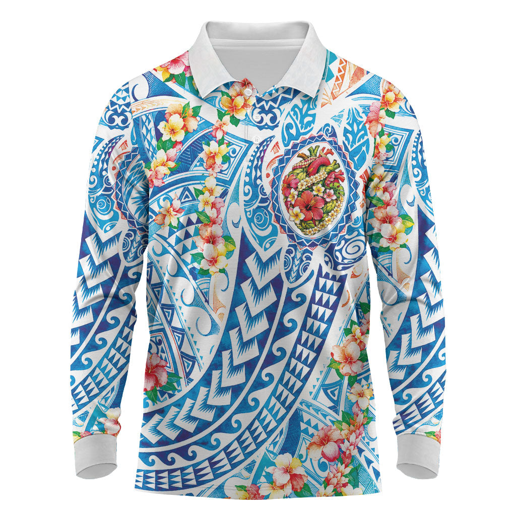 Hawaiian Turtle and Lei Long Sleeve Polo Shirt Tribal Kakau and Tropical Plants Human Heart LT03 Multicolor - Polynesian Pride