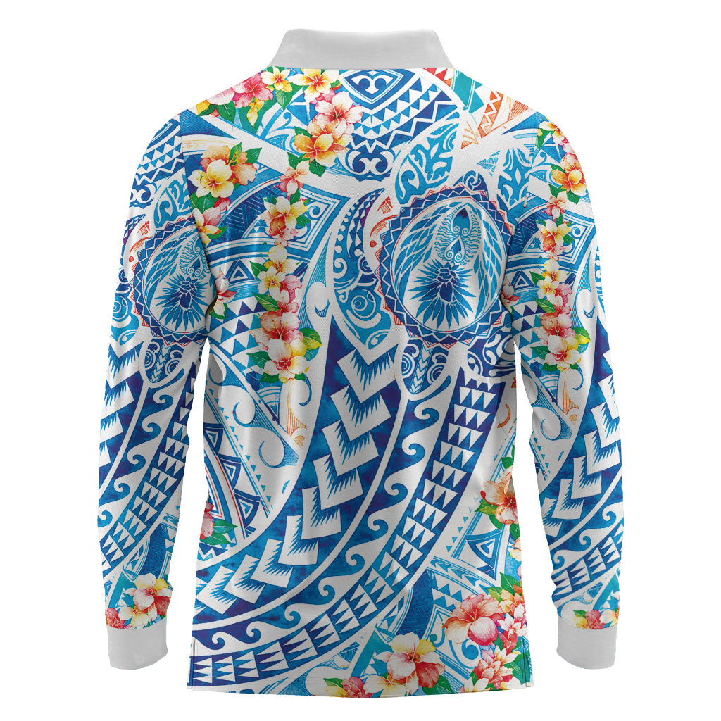 Hawaiian Turtle and Lei Long Sleeve Polo Shirt Tribal Kakau and Tropical Plants Human Heart LT03 - Polynesian Pride