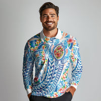 Hawaiian Turtle and Lei Long Sleeve Polo Shirt Tribal Kakau and Tropical Plants Human Heart LT03 - Polynesian Pride
