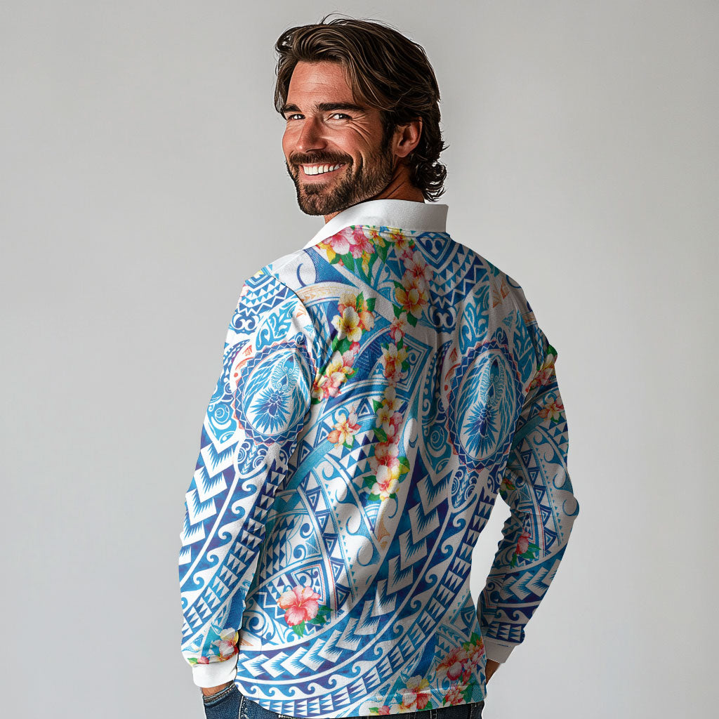 Hawaiian Turtle and Lei Long Sleeve Polo Shirt Tribal Kakau and Tropical Plants Human Heart LT03 - Polynesian Pride