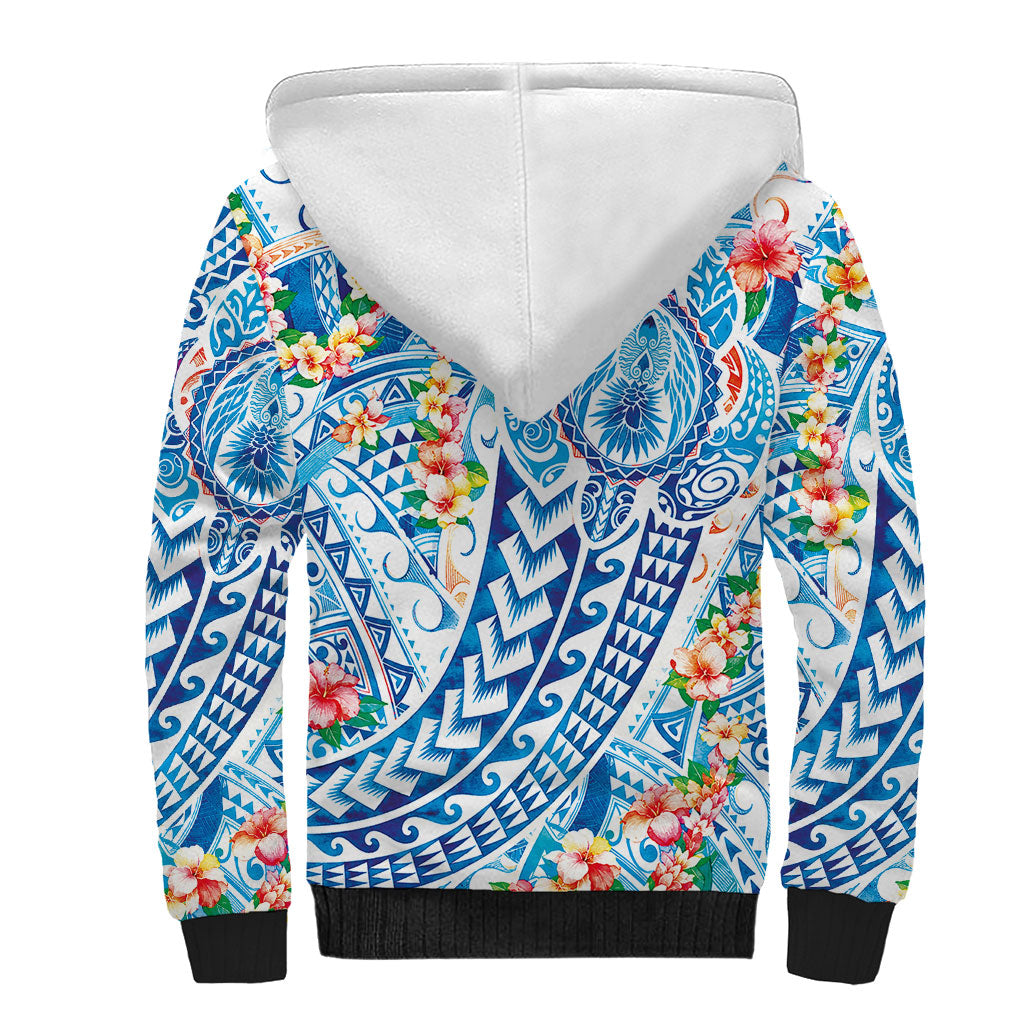 Hawaiian Turtle and Lei Sherpa Hoodie Tribal Kakau and Tropical Plants Human Heart LT03 - Polynesian Pride