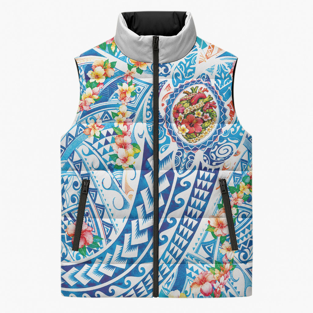 Hawaiian Turtle and Lei Sleeveless Puffer Jacket Tribal Kakau and Tropical Plants Human Heart LT03 Unisex Multicolor - Polynesian Pride