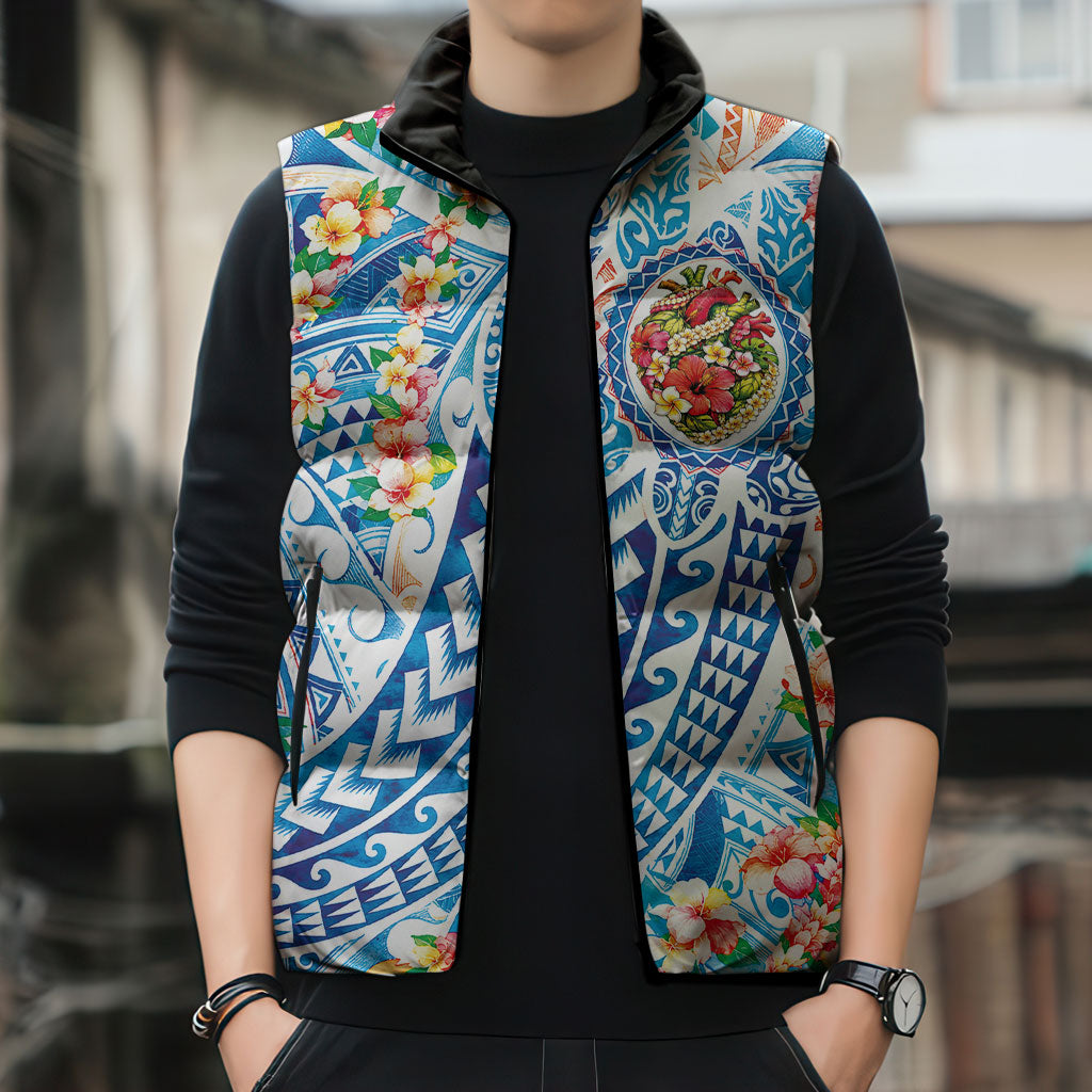 Hawaiian Turtle and Lei Sleeveless Puffer Jacket Tribal Kakau and Tropical Plants Human Heart LT03 - Polynesian Pride