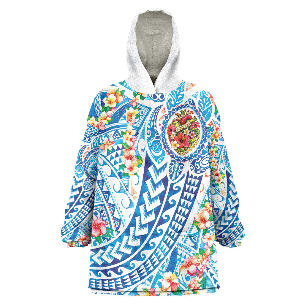 Hawaiian Turtle and Lei Wearable Blanket Hoodie Tribal Kakau and Tropical Plants Human Heart