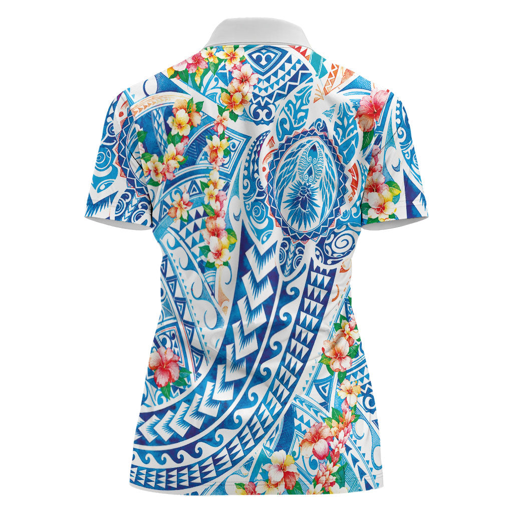 Hawaiian Turtle and Lei Women Polo Shirt Tribal Kakau and Tropical Plants Human Heart LT03 - Polynesian Pride
