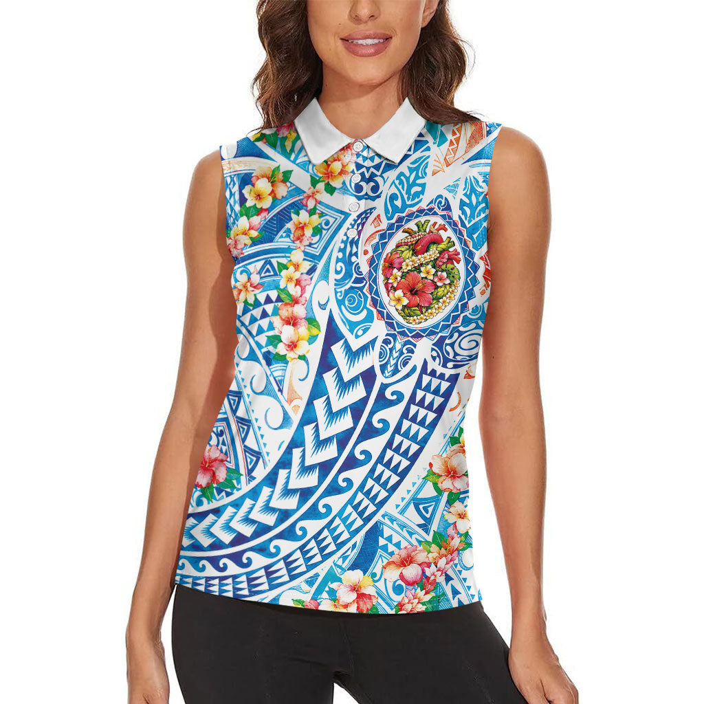 Hawaiian Turtle and Lei Women Sleeveless Polo Shirt Tribal Kakau and Tropical Plants Human Heart LT03 - Polynesian Pride