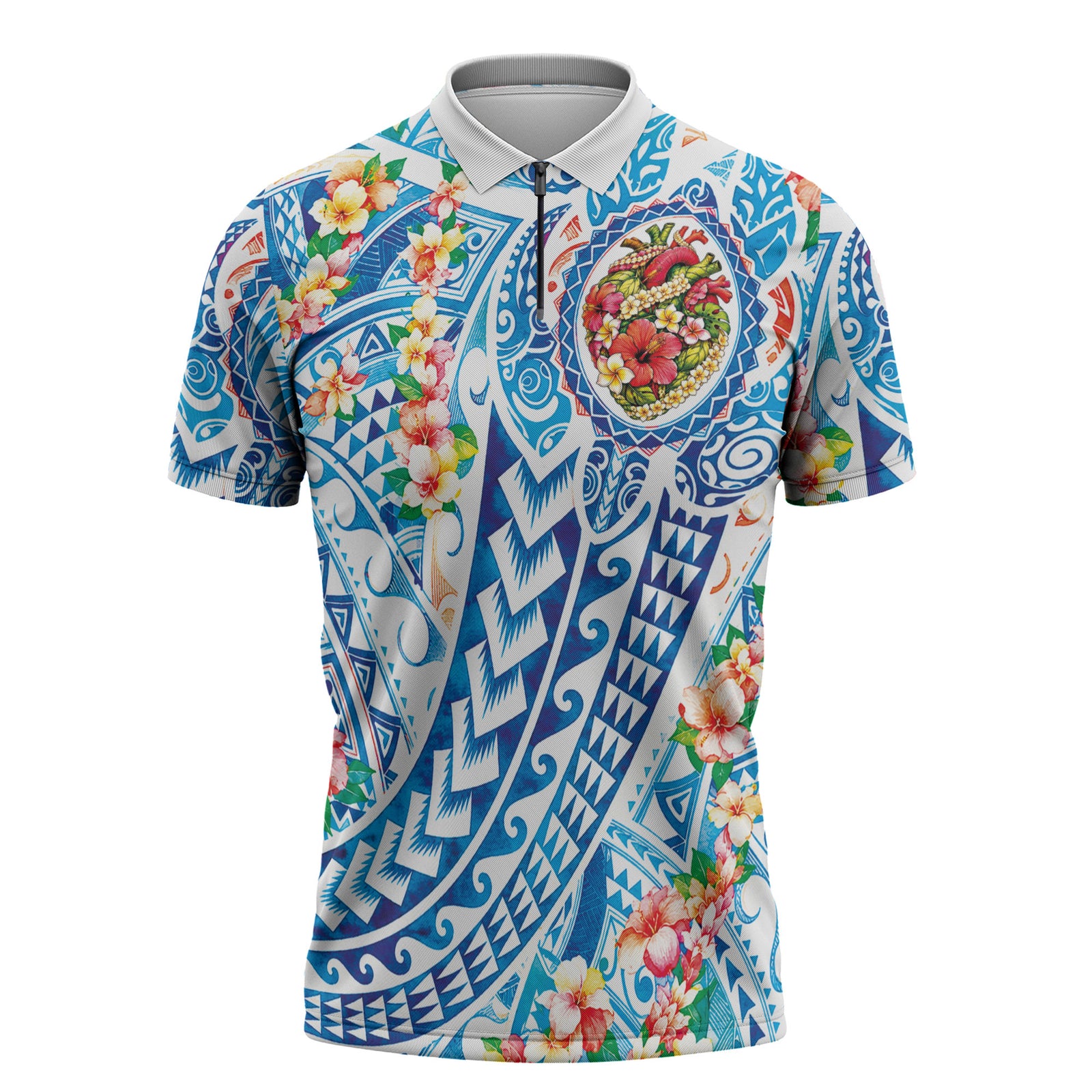 Hawaiian Turtle and Lei Zipper Polo Shirt Tribal Kakau and Tropical Plants Human Heart