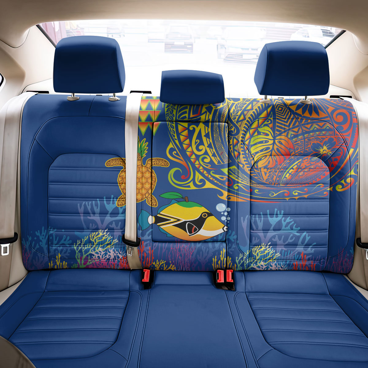 Hawaii Ocean Back Car Seat Cover Pineapple Turtle and Mango Reef Triggerfish and Kakau Tattoo LT03 - Polynesian Pride