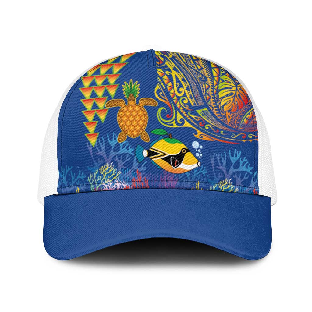 Hawaii Ocean Baseball Net Cap Pineapple Turtle and Mango Reef Triggerfish and Kakau Tattoo LT03 One Size White Multicolor - Polynesian Pride
