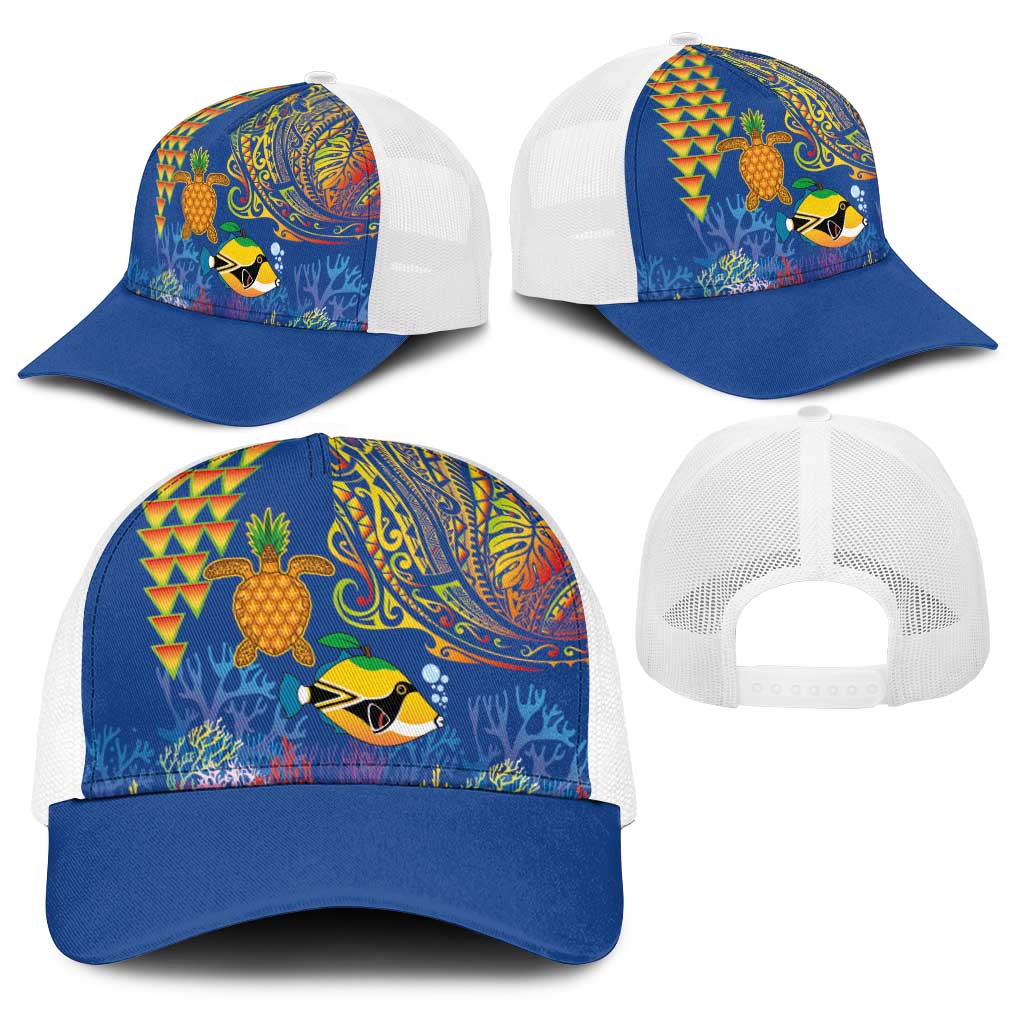 Hawaii Ocean Baseball Net Cap Pineapple Turtle and Mango Reef Triggerfish and Kakau Tattoo LT03 - Polynesian Pride