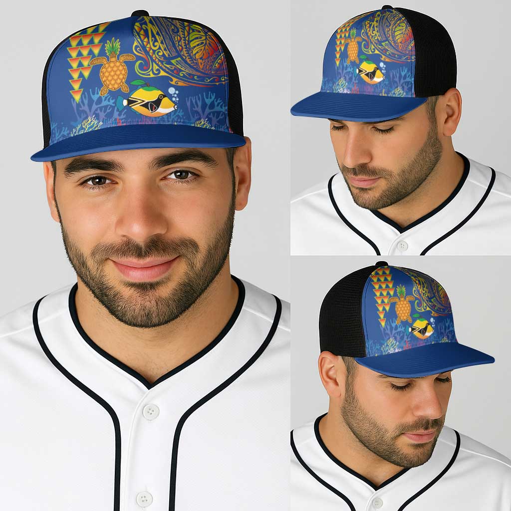 Hawaii Ocean Baseball Net Cap Pineapple Turtle and Mango Reef Triggerfish and Kakau Tattoo LT03 - Polynesian Pride