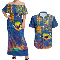 Hawaii Ocean Couples Matching Off Shoulder Maxi Dress and Hawaiian Shirt Pineapple Turtle and Mango Reef Triggerfish and Kakau Tattoo LT03 Multicolor - Polynesian Pride