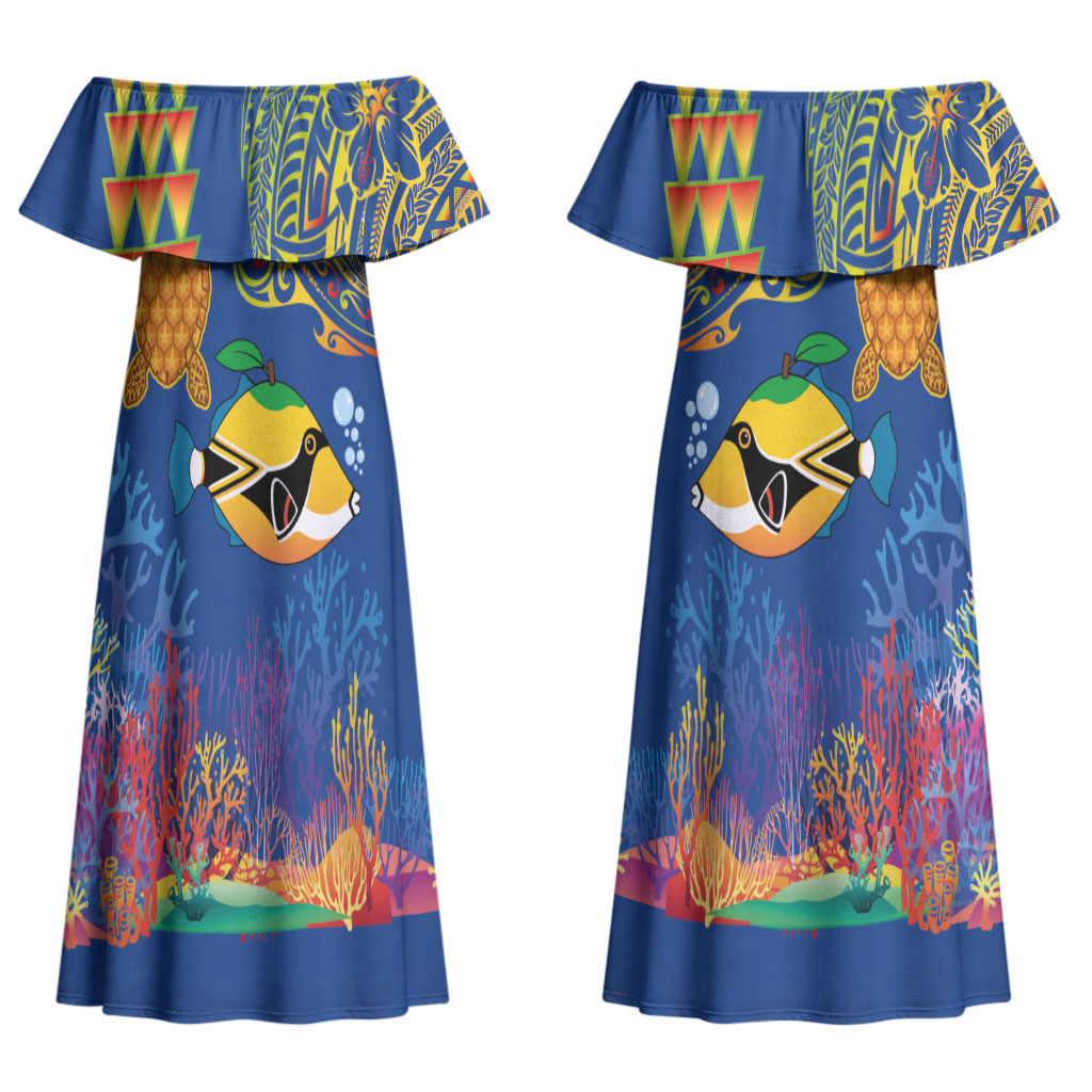 Hawaii Ocean Couples Matching Off Shoulder Maxi Dress and Long Sleeve Button Shirt Pineapple Turtle and Mango Reef Triggerfish and Kakau Tattoo LT03 - Polynesian Pride