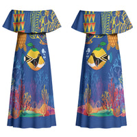 Hawaii Ocean Couples Matching Off Shoulder Maxi Dress and Long Sleeve Button Shirt Pineapple Turtle and Mango Reef Triggerfish and Kakau Tattoo LT03 - Polynesian Pride