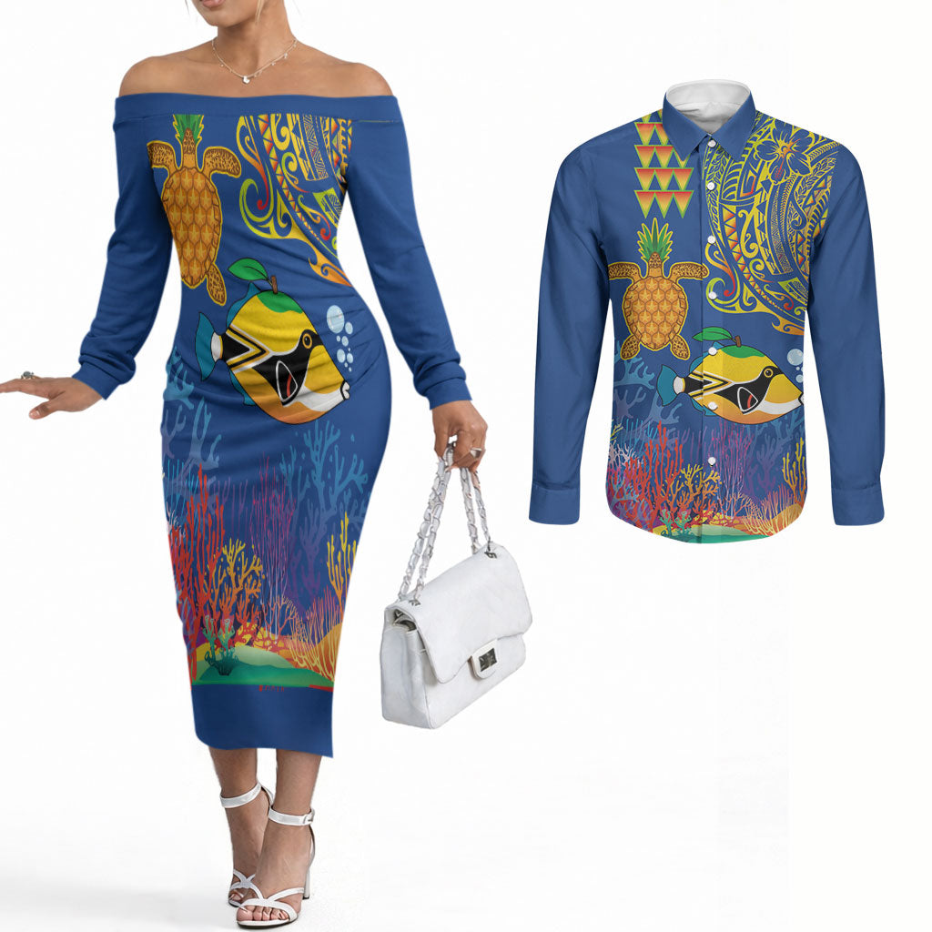 Hawaii Ocean Couples Matching Off The Shoulder Long Sleeve Dress and Long Sleeve Button Shirt Pineapple Turtle and Mango Reef Triggerfish and Kakau Tattoo LT03 Multicolor - Polynesian Pride