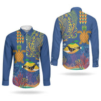 Hawaii Ocean Couples Matching Off The Shoulder Long Sleeve Dress and Long Sleeve Button Shirt Pineapple Turtle and Mango Reef Triggerfish and Kakau Tattoo LT03 - Polynesian Pride