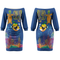 Hawaii Ocean Couples Matching Off The Shoulder Long Sleeve Dress and Long Sleeve Button Shirt Pineapple Turtle and Mango Reef Triggerfish and Kakau Tattoo LT03 - Polynesian Pride