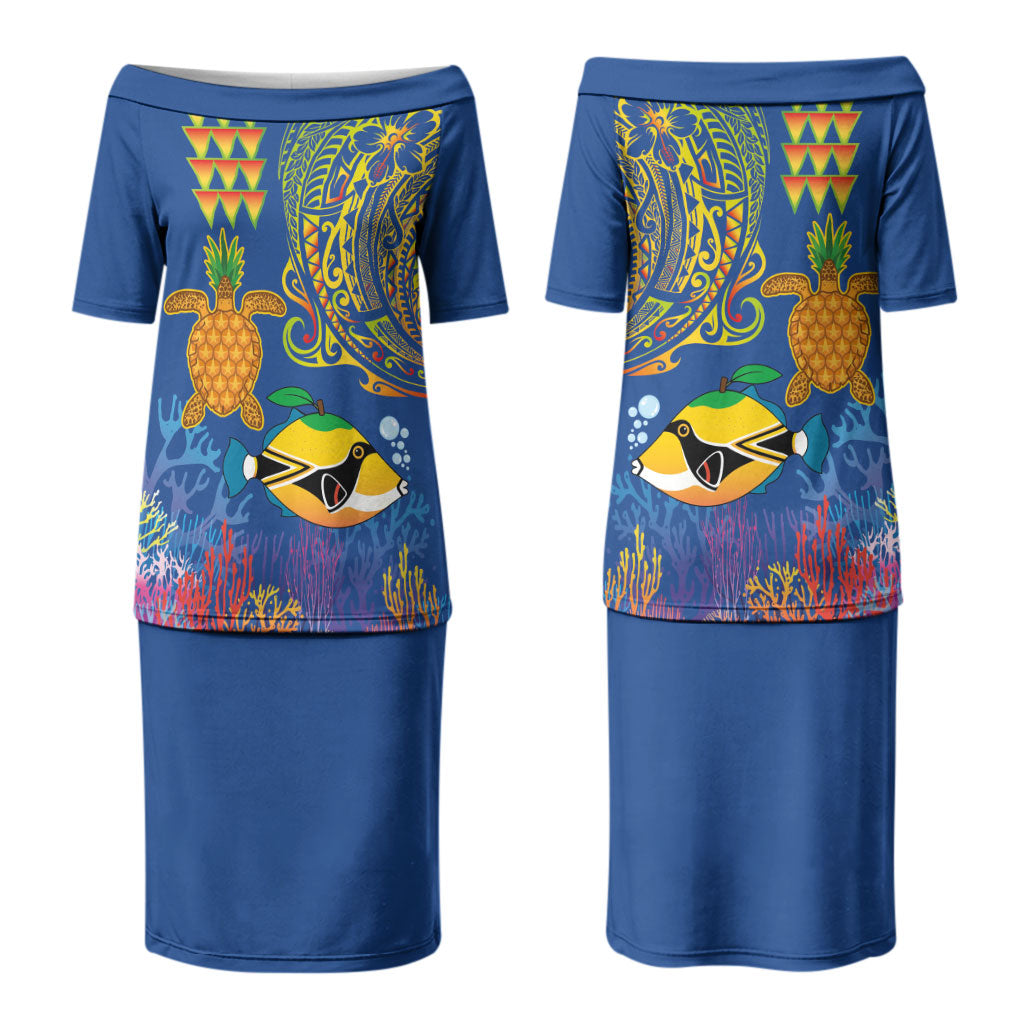 Hawaii Ocean Couples Matching Puletasi and Hawaiian Shirt Pineapple Turtle and Mango Reef Triggerfish and Kakau Tattoo LT03 - Polynesian Pride