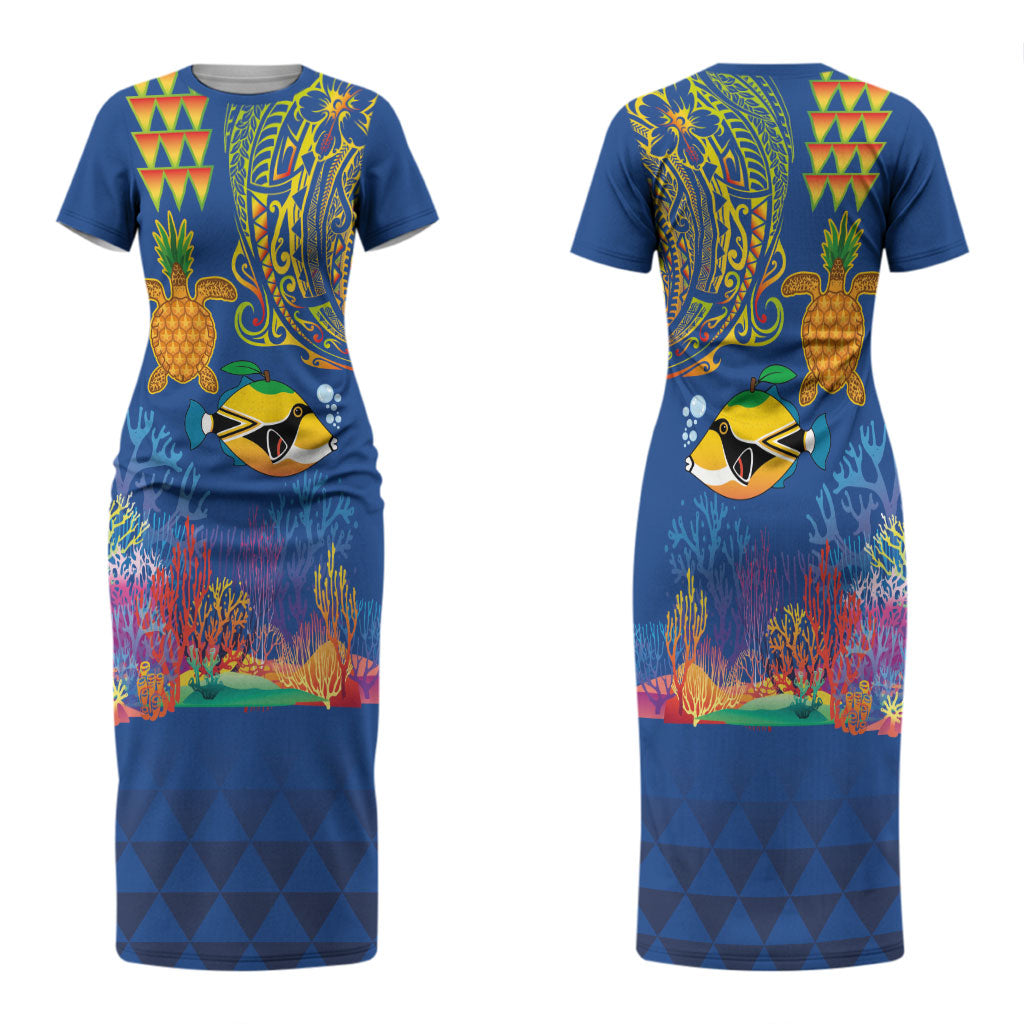Hawaii Ocean Couples Matching Short Sleeve Bodycon Dress and Long Sleeve Button Shirt Pineapple Turtle and Mango Reef Triggerfish and Kakau Tattoo LT03 - Polynesian Pride