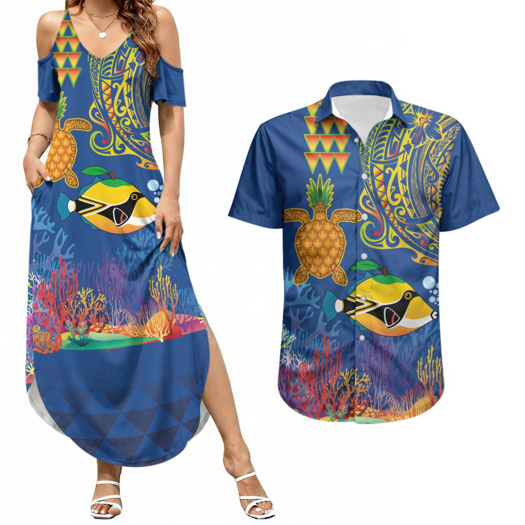 Hawaii Ocean Couples Matching Summer Maxi Dress and Hawaiian Shirt Pineapple Turtle and Mango Reef Triggerfish and Kakau Tattoo LT03 Multicolor - Polynesian Pride