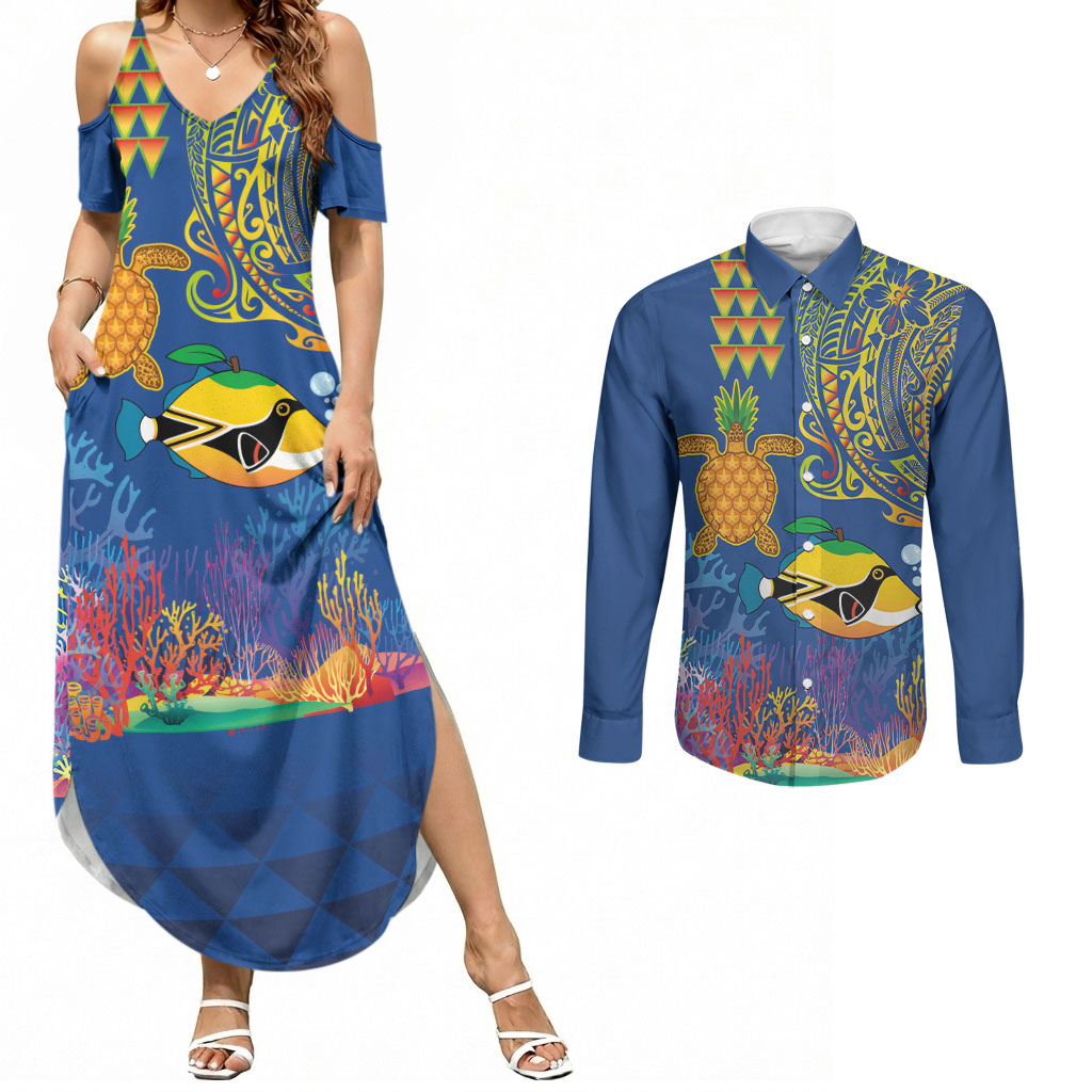 Hawaii Ocean Couples Matching Summer Maxi Dress and Long Sleeve Button Shirt Pineapple Turtle and Mango Reef Triggerfish and Kakau Tattoo LT03 Multicolor - Polynesian Pride