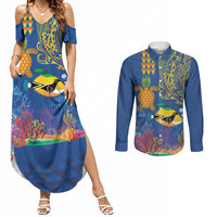 Hawaii Ocean Couples Matching Summer Maxi Dress and Long Sleeve Button Shirt Pineapple Turtle and Mango Reef Triggerfish and Kakau Tattoo LT03 Multicolor - Polynesian Pride