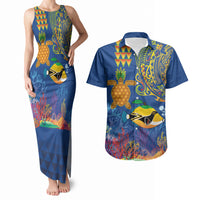 Hawaii Ocean Couples Matching Tank Maxi Dress and Hawaiian Shirt Pineapple Turtle and Mango Reef Triggerfish and Kakau Tattoo LT03 Multicolor - Polynesian Pride
