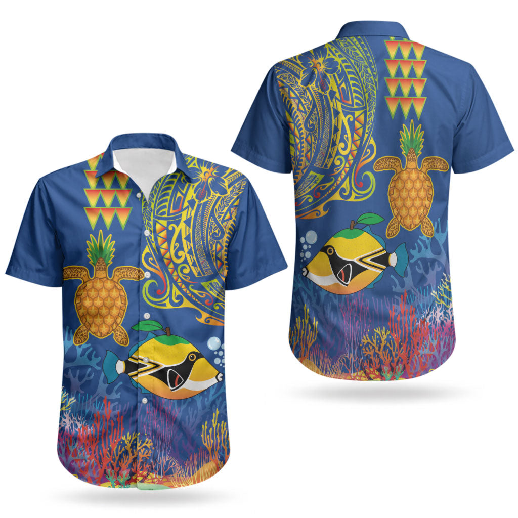 Hawaii Ocean Couples Matching Tank Maxi Dress and Hawaiian Shirt Pineapple Turtle and Mango Reef Triggerfish and Kakau Tattoo LT03 - Polynesian Pride