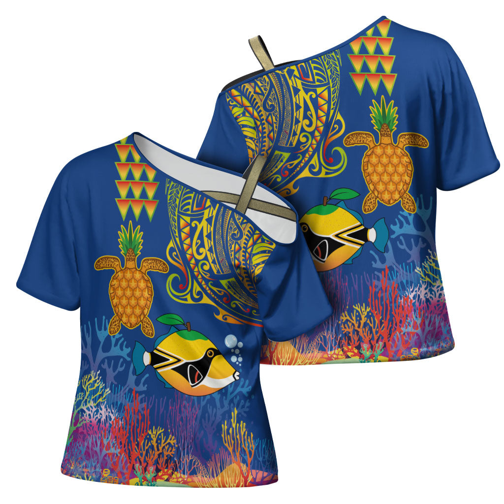 Hawaii Ocean Cross Shoulder Shirt Pineapple Turtle and Mango Reef Triggerfish and Kakau Tattoo LT03 - Polynesian Pride