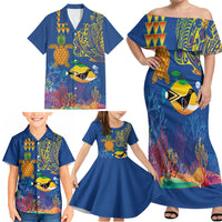 Hawaii Ocean Family Matching Off Shoulder Maxi Dress and Hawaiian Shirt Pineapple Turtle and Mango Reef Triggerfish and Kakau Tattoo LT03 - Polynesian Pride