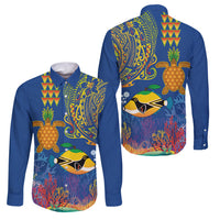 Hawaii Ocean Family Matching Off Shoulder Maxi Dress and Hawaiian Shirt Pineapple Turtle and Mango Reef Triggerfish and Kakau Tattoo LT03 Dad's Shirt - Long Sleeve Multicolor - Polynesian Pride