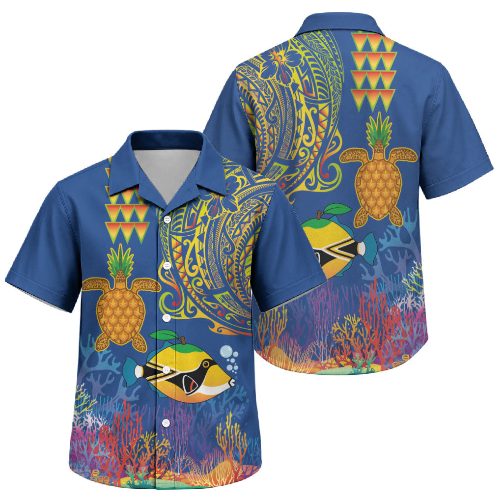 Hawaii Ocean Family Matching Off Shoulder Maxi Dress and Hawaiian Shirt Pineapple Turtle and Mango Reef Triggerfish and Kakau Tattoo LT03 Son's Shirt Multicolor - Polynesian Pride