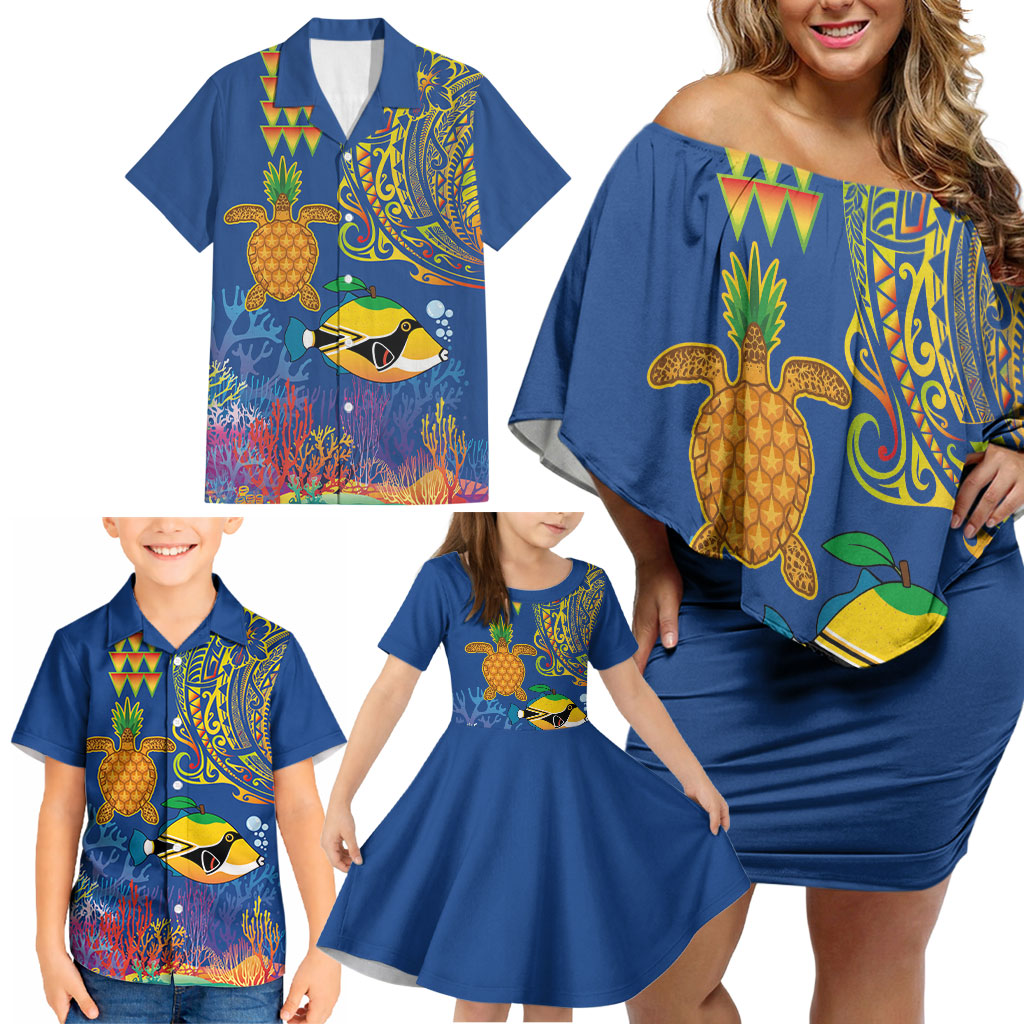 Hawaii Ocean Family Matching Off Shoulder Short Dress and Hawaiian Shirt Pineapple Turtle and Mango Reef Triggerfish and Kakau Tattoo LT03 - Polynesian Pride