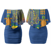 Hawaii Ocean Family Matching Off Shoulder Short Dress and Hawaiian Shirt Pineapple Turtle and Mango Reef Triggerfish and Kakau Tattoo LT03 Mom's Dress Multicolor - Polynesian Pride