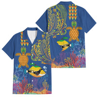 Hawaii Ocean Family Matching Off Shoulder Short Dress and Hawaiian Shirt Pineapple Turtle and Mango Reef Triggerfish and Kakau Tattoo LT03 Dad's Shirt - Short Sleeve Multicolor - Polynesian Pride
