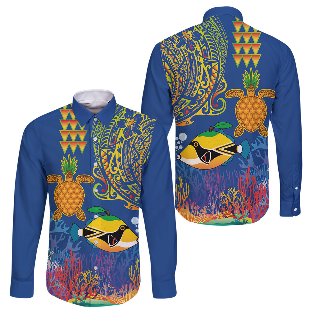 Hawaii Ocean Family Matching Off Shoulder Short Dress and Hawaiian Shirt Pineapple Turtle and Mango Reef Triggerfish and Kakau Tattoo LT03 Dad's Shirt - Long Sleeve Multicolor - Polynesian Pride