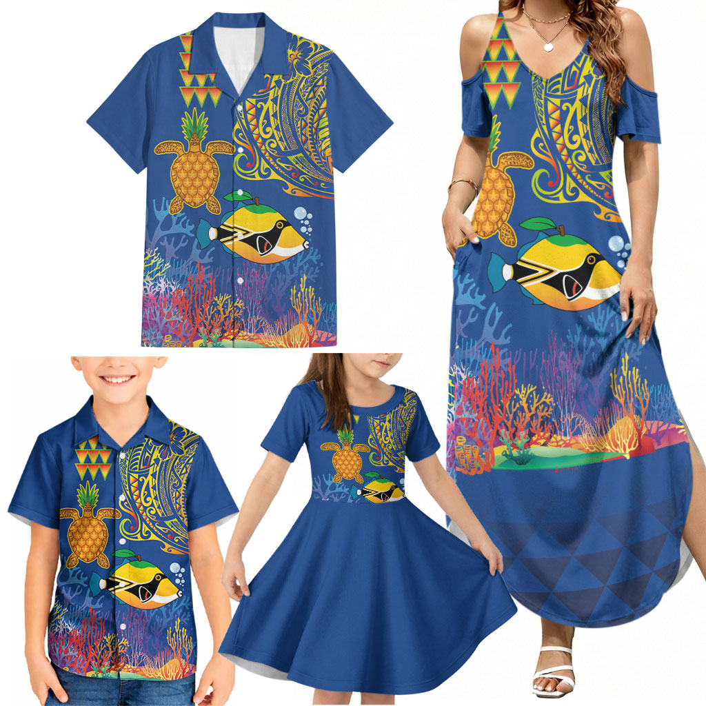Hawaii Ocean Family Matching Summer Maxi Dress and Hawaiian Shirt Pineapple Turtle and Mango Reef Triggerfish and Kakau Tattoo LT03 - Polynesian Pride