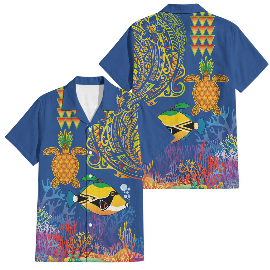 Hawaii Ocean Family Matching Summer Maxi Dress and Hawaiian Shirt Pineapple Turtle and Mango Reef Triggerfish and Kakau Tattoo LT03 Dad's Shirt - Short Sleeve Multicolor - Polynesian Pride