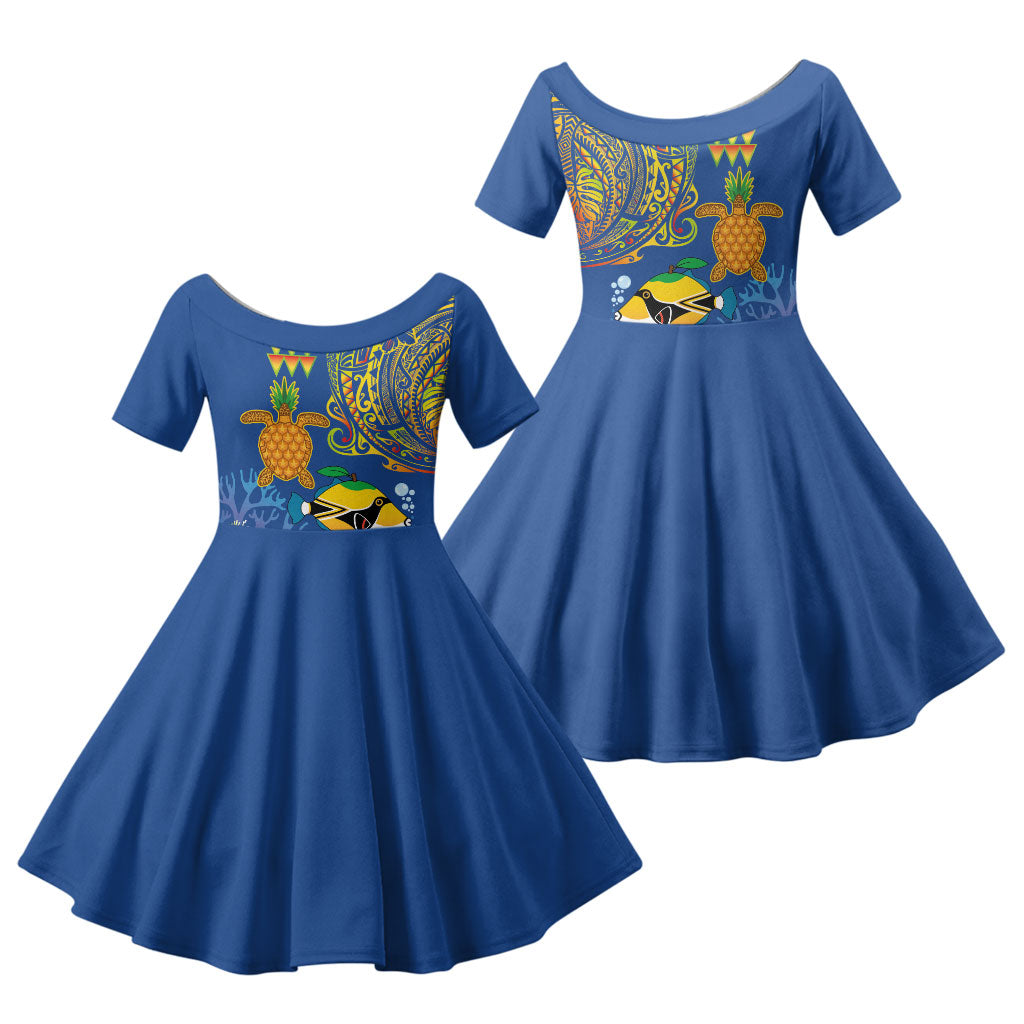 Hawaii Ocean Family Matching Summer Maxi Dress and Hawaiian Shirt Pineapple Turtle and Mango Reef Triggerfish and Kakau Tattoo LT03 Daughter's Dress Multicolor - Polynesian Pride