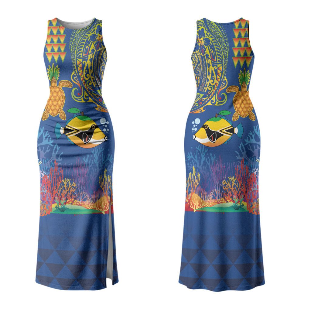 Hawaii Ocean Family Matching Tank Maxi Dress and Hawaiian Shirt Pineapple Turtle and Mango Reef Triggerfish and Kakau Tattoo LT03 Mom's Dress Multicolor - Polynesian Pride