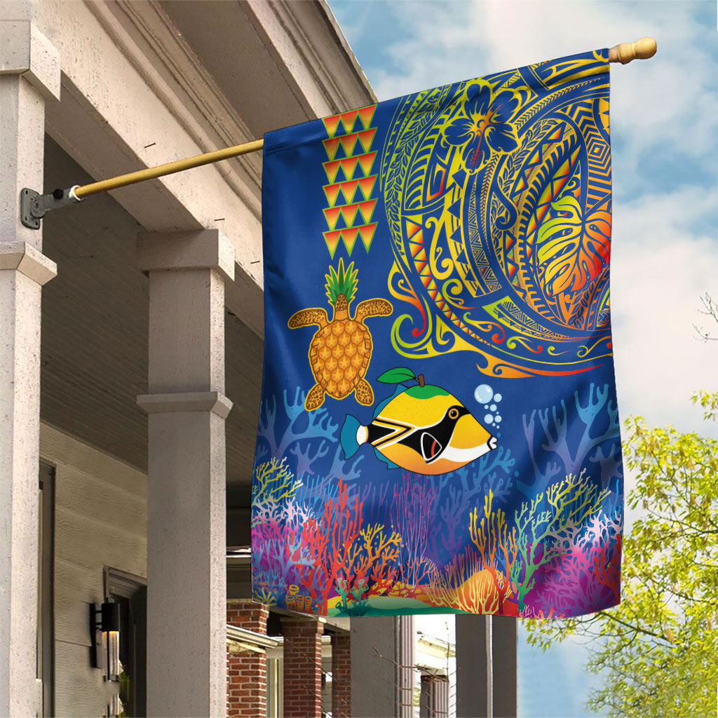Hawaii Ocean Garden Flag Pineapple Turtle and Mango Reef Triggerfish and Kakau Tattoo LT03 House Flag Multicolor - Polynesian Pride