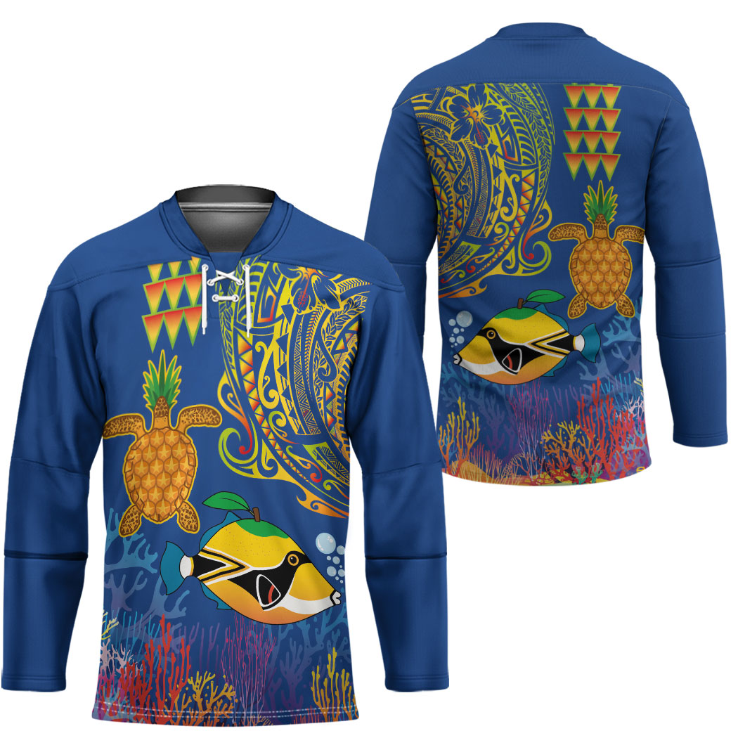 Hawaii Ocean Hockey Jersey Pineapple Turtle and Mango Reef Triggerfish and Kakau Tattoo LT03 - Polynesian Pride