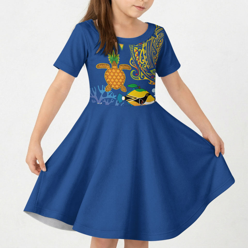 Hawaii Ocean Kid Short Sleeve Dress Pineapple Turtle and Mango Reef Triggerfish and Kakau Tattoo LT03 KID Multicolor - Polynesian Pride