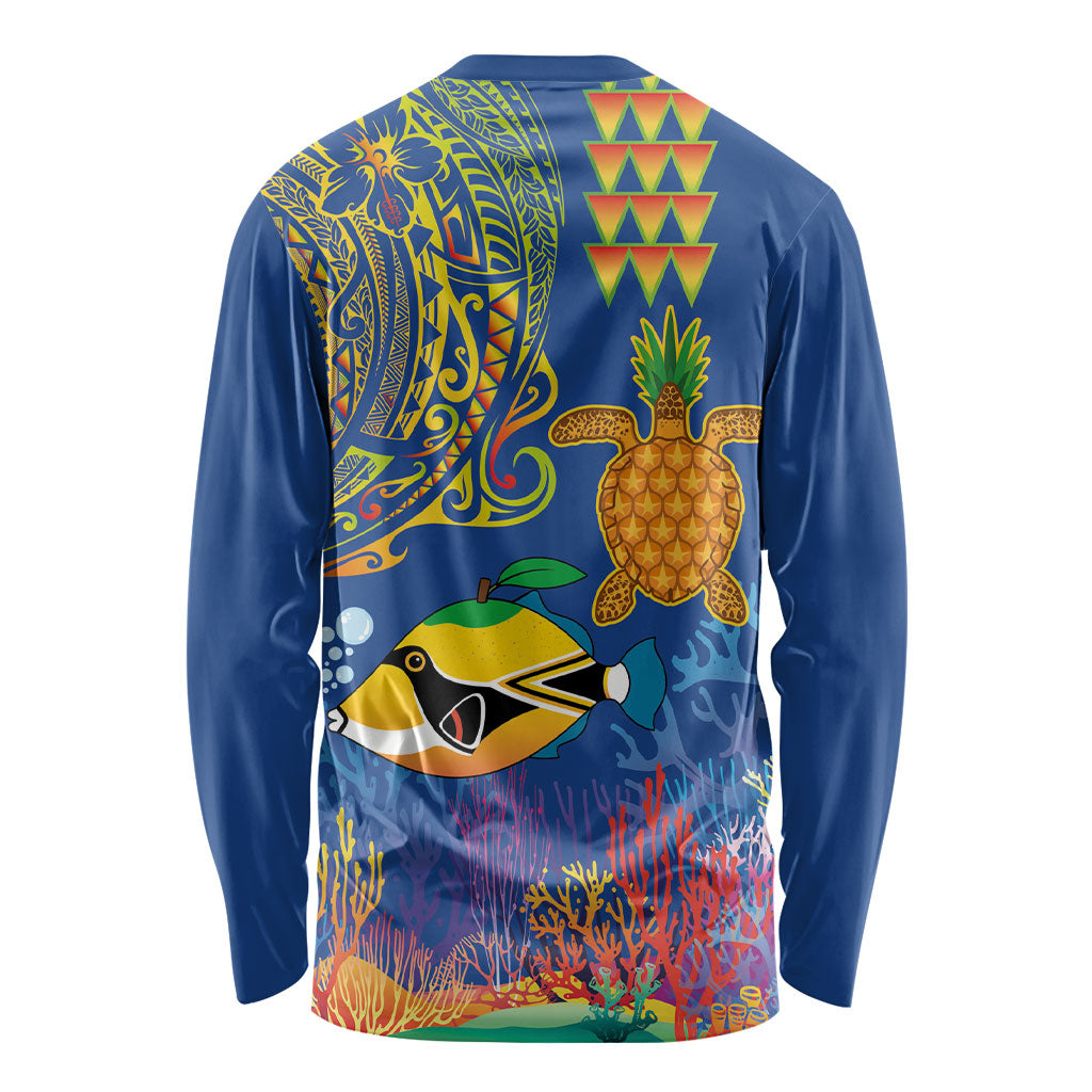 Hawaii Ocean Long Sleeve Shirt Pineapple Turtle and Mango Reef Triggerfish and Kakau Tattoo LT03 - Polynesian Pride