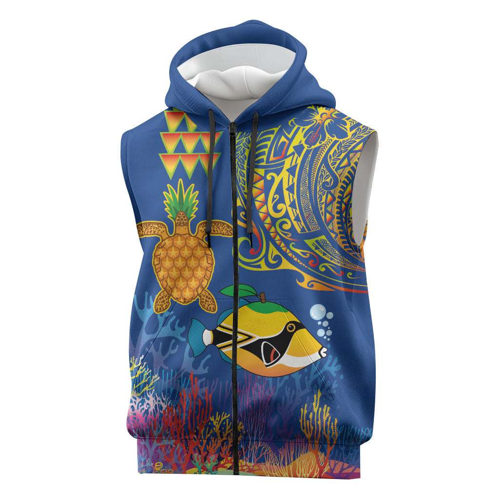 Hawaii Ocean Sleeveless Zip Hoodie Pineapple Turtle and Mango Reef Triggerfish and Kakau Tattoo LT03 Multicolor - Polynesian Pride