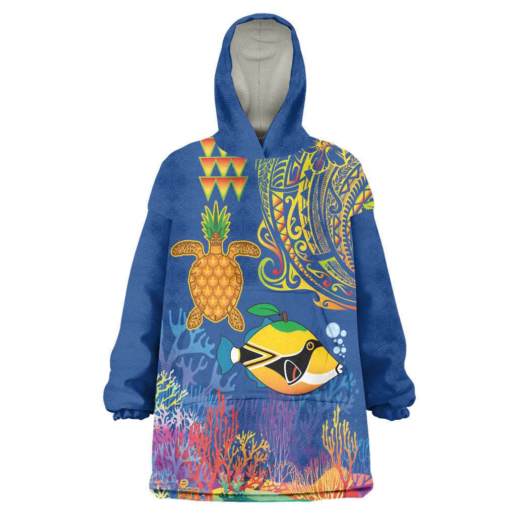 Hawaii Ocean Wearable Blanket Hoodie Pineapple Turtle and Mango Reef Triggerfish and Kakau Tattoo LT03 One Size Multicolor - Polynesian Pride