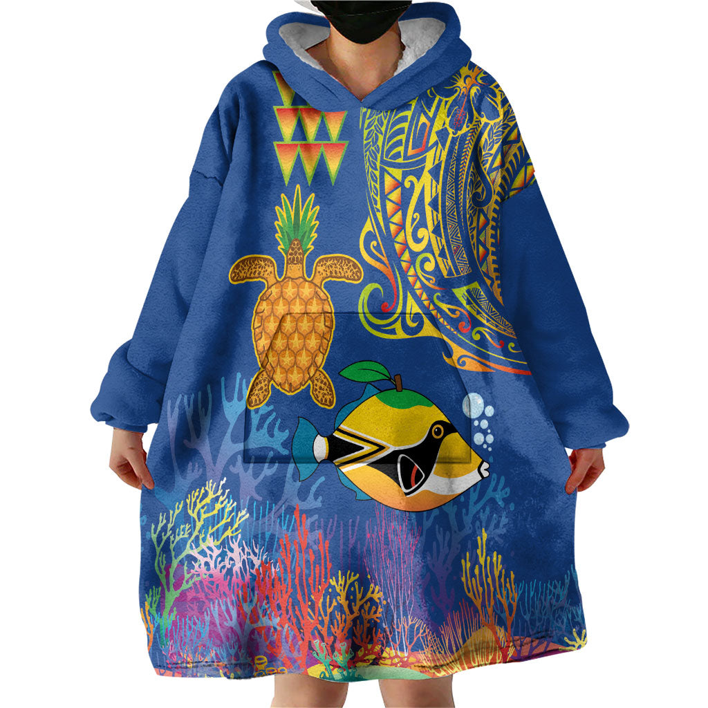 Hawaii Ocean Wearable Blanket Hoodie Pineapple Turtle and Mango Reef Triggerfish and Kakau Tattoo LT03 - Polynesian Pride